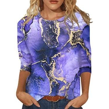 Imagem de Camisetas femininas com estampa floral, manga 3/4, gola redonda, blusa solta e estampa casual outono básico, Roxa, GG
