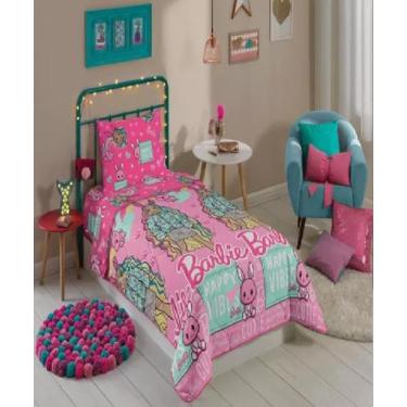 Imagem de Edredon Dupla Face Microfibra Solteiro Estampado Barbie - 1,40m x 2,10