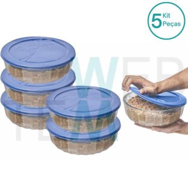 Imagem de Kit 5 Potes Tigela Saladeira de Vidro com Tampa Plástica Oceani 3,8 li