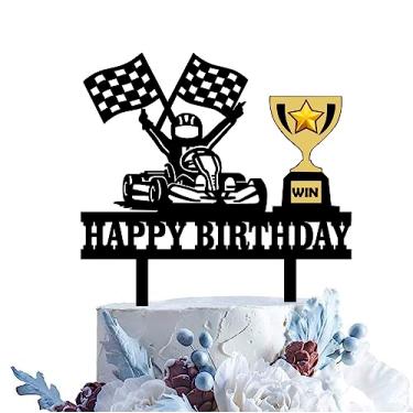 Imagem de Topo de bolo de aniversário Karts Race Go Karting decoração de bolo tema de kart decoração de bolo bandeiras de corrida ornamento de bolo bandeira xadrez carro de corrida topo de bolo de aniversário