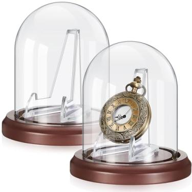 Imagem de Beeveer Pacote com 2 unidades de relógio de bolso cúpula de vidro transparente ornamento cloche de vidro cúpula decorativa com suporte de acrílico e base de madeira marrom para relógio medalhas fotos
