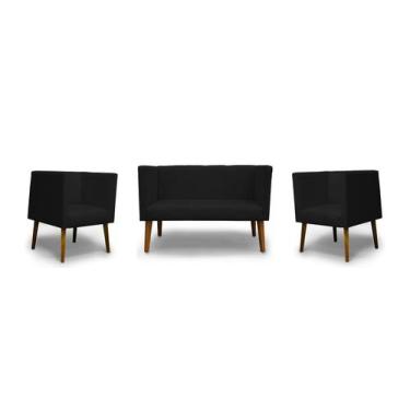 Imagem de Kit Namoradeira + 2 Poltronas Decorativas Barcelona Suede Preto - Casa