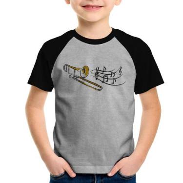 Imagem de Camiseta Raglan Infantil Trombone Notas Musicais - Foca na Moda, Cinza