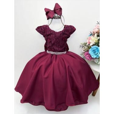 Imagem de Vestido infantil marsala c/ renda aplique flores pérolas - jeito de me
