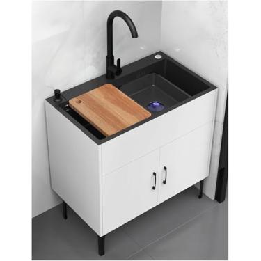Imagem de Armário de pia de cozinha, pia comercial de tigela única, pia de lavanderia com armário, com torneira removível quente e fria, para garagem, comercial, restaurante, cozinha, lavanderia, branco, 68 x