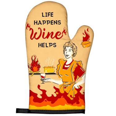 Imagem de Swooflia Luvas de forno engraçadas resistentes ao calor para mulheres – Luvas de cozinha longas e resistentes, acessórios 100% algodão grosso Life Happens Wine Help