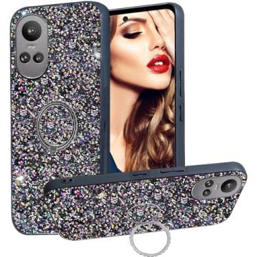 Imagem de Ephoou Capa de telefone brilhante para Oppo Reno 10/Reno 10 Pro para mulheres e meninas, linda capa de luxo fina brilhante brilhante com suporte de anel para Oppo Reno10 5G CZ-preta