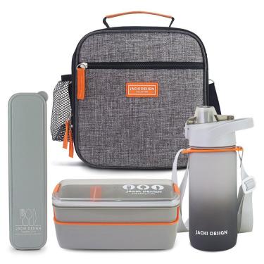 Imagem de Kit Bolsa Térmica Pote Marmita 750ml Garrafa 550ml E Porta Talheres Vibe Cinza