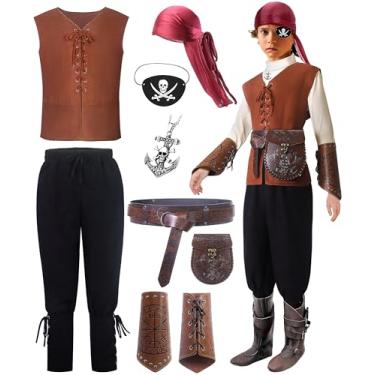 Imagem de Conjunto infantil de fantasia de pirata viking para meninos medieval renascentista para cosplay de Halloween 4-12 anos, Calça preta colete vermelho escuro, S 4-6Y Fit3'9"-4'1"/30-50lb
