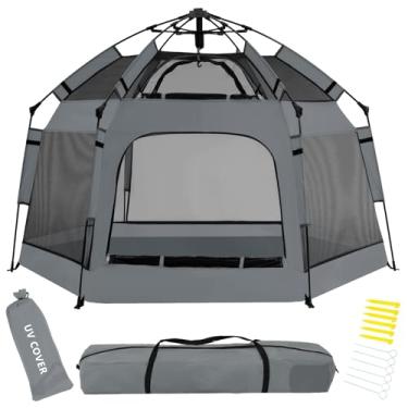 Imagem de Cercadinho pop-up para bebês com dossel, barraca pop-up para bebês com trava de segurança, pátio portátil para crianças com bolsa de viagem, 6 estacas de chão, 6 estacas de areia, 1 capa UV para praia
