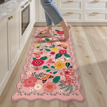 Imagem de Arenarug Tapetes de cozinha rosa recortados para chão, acolchoados, antifadiga, tapetes de cozinha, impermeáveis, antiderrapantes, para casa de fazenda, floral, confortável, espuma para lavatória