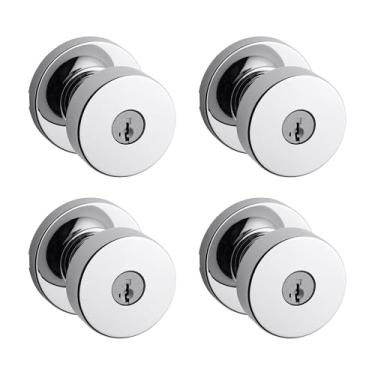 Imagem de Kwikset Maçaneta de porta de entrada Pismo com fechadura e chave, alça externa com chave segura, entrada frontal e quarto, cromo polido, pacote com 4, segurança SmartKey Rekey resistente a picaretas