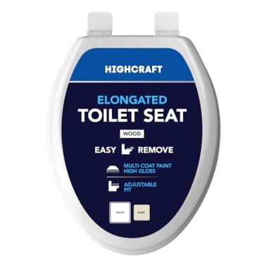 Imagem de HIGHCRAFT Assento sanitário alongado premium com dobradiças ajustáveis e mecanismo de remoção rápida - Assento sanitário de madeira moldada - Serve para vasos sanitários alongados padrão - Assento