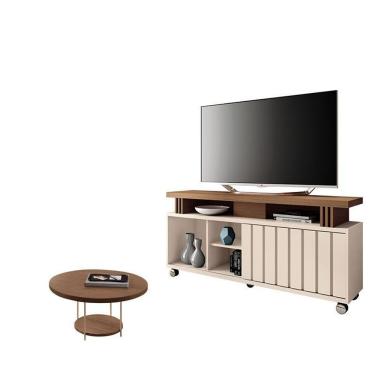 Imagem de Rack Bancada com Mesa de Centro Rivera 1.3 para Tv 50 136cm em MDF com Porta Correr e Rodízios Off White