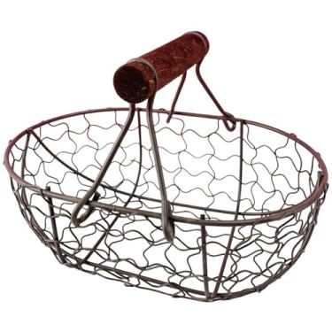 Imagem de Cesta de ovos para coleta de ovos frescos vintage enferrujados com alça de armazenamento de metal para decoração de cozinha de fazenda, cestos