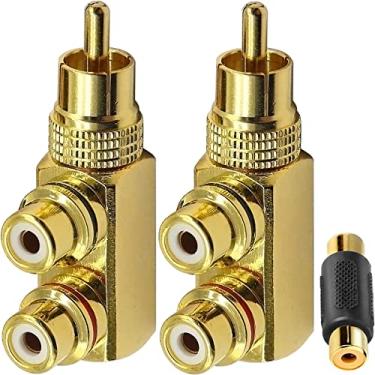 Imagem de DKARDU Adaptador divisor RCA, macho RCA para 2 RCA fêmea, divisor em Y para cabo fono de áudio estéreo, 2 peças, ângulo reto, conector banhado a ouro de 90 graus para amplificador de DVD,