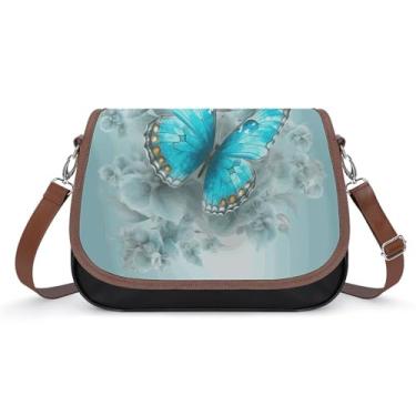 Imagem de Bolsa de couro azul claro para laptop com borboleta, bolsa de ombro forrada, bolsa de trabalho de escritório de negócios, bolsa de mão com alça superior para mulheres, estilo, tamanho único