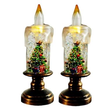 Imagem de Velas sem chamas acesas a pilhas, pacote com 2 globos de neve de Natal, água giratória, velas giratórias para Halloween, Ação de Graças, casamentos, decoração de casa (árvore)