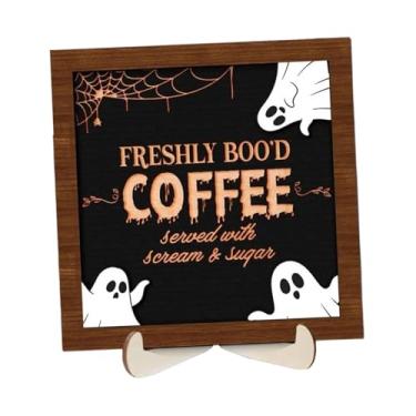 Imagem de IEUDNS Placa de mesa de Halloween, decoração de cafeteria, decoração assustadora de mesa, placa de madeira para café, cozinha, prateleira de parede para casa, Style F