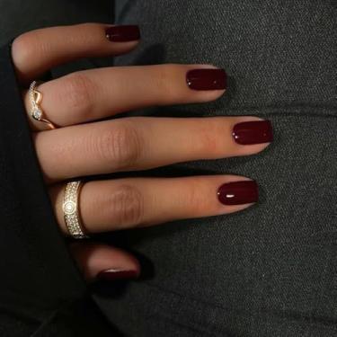 Imagem de Vinho, vermelho escuro, unhas curtas, pregos falsos, cola em unhas quadradas, cola de gel na unha para mulheres, unhas grossas, reutilizáveis, cor sólida, 24 peças