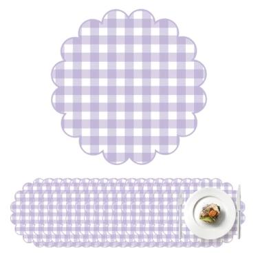 Imagem de 100 peças de jogo americano quadriculado roxo guingão tapete de mesa de jantar decorativo redondo descartável com bordas recortadas para decoração de casamento, chá de bebê e festa