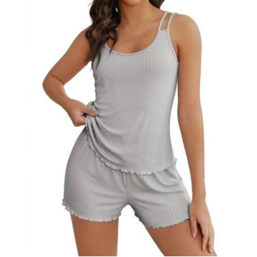 Imagem de Conjunto de pijamas e shorts femininos de malha canelada Ekouaer, cinz