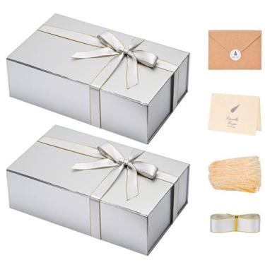 Imagem de Caixas de presente LIFELUM, pacote com 2, 35x21x11 cm, prata com fita