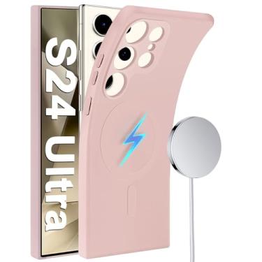 Imagem de Capa magnética para Samsung Galaxy S24 Ultra, apta para Mag-Safe, Slim Soft Touch Silicone para Samsung S24 Ultra Phone Gel Borracha Microfibra Forro Capa Protetora 6,8 polegadas (Rosa)