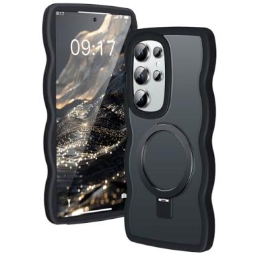 Imagem de KMAMBAG [Suporte magnético e moldura ondulada] Capa para Samsung Galaxy S25 Ultra [apto para MagSafe] [proteção militar contra quedas] Capa de anel de telefone S25 Ultra translúcida não amarela, para