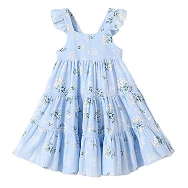 Imagem de Vestido de verão infantil para bebês meninas arco-íris princesa sem mangas praia borboleta, Floral azul, 12-18 Meses