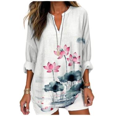 Imagem de Camisa MARSVOVO com estampa de lótus vermelho e manga comprida para mu