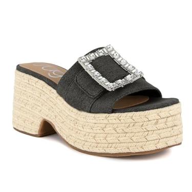 Imagem de Sugar Sandálias femininas de alpargatas sem cadarço – Slide de plataforma grossa com cabedal de tecido e fivela de strass – Sapato moderno de verão para uso casual e na praia, Preto lavado, 36