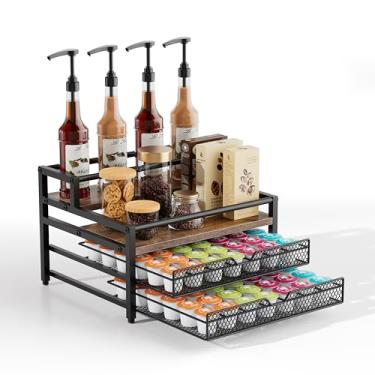 Imagem de Segtenant Organizador de rack de xarope de café de 4 camadas, organizador de café com 2 gavetas deslizantes para porta-copos K, suporte de cápsulas de café para estação de café, cozinha ou bancada de