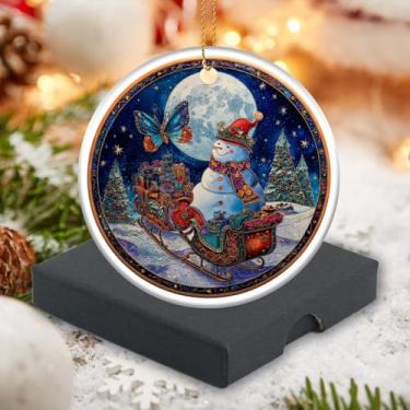 Imagem de Enfeite de Natal animal 2025, linda borboleta com o trenó do Papai Noel no fundo, enfeite de Natal lembrança decoração de árvore de Natal pingente de cerâmica círculo 7,6 cm