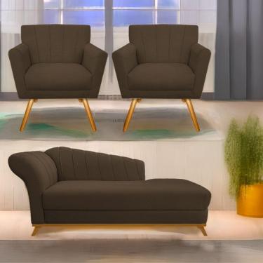 Imagem de Kit Diva Recamier Vanessa 140Cm Lado Direito E 02 Poltronas Laura Suede Cor Marrom
