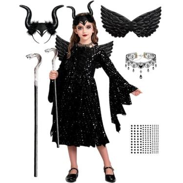 Imagem de Fantasia infantil de bruxa, feita à mão, de malha, vestido de tule, rainha má, fantasia para Halloween, carnaval, cosplay (G)