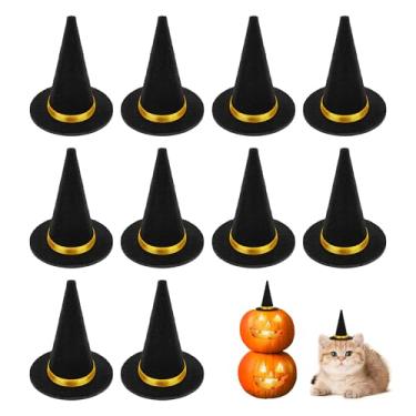 Imagem de 12 chapéus pequenos de feltro de bruxa, garrafas de vinho para decoração ou como topos de festa. Para artesanato, adiciona diversão aos seus suprimentos de Halloween.