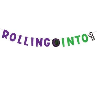 Imagem de SAVITA Rolling Into Birthday Banner, Grinalda Carro Corrida Roxa & Verde com Glitter Decorações Festa de Corrida Legais Montagem DIY Grinalda para Meninos Tema Caminhão Festa (Número 1 Quadriculado)