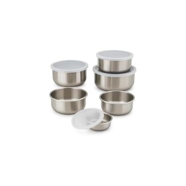 Imagem de Conjunto de Tigelas em Aço Inoxidável, 5 Peças com Tampas Plásticas, Potes Herméticos para Cozinha, Tamanhos 10-18cm, Capacidade 250ml-1.2L