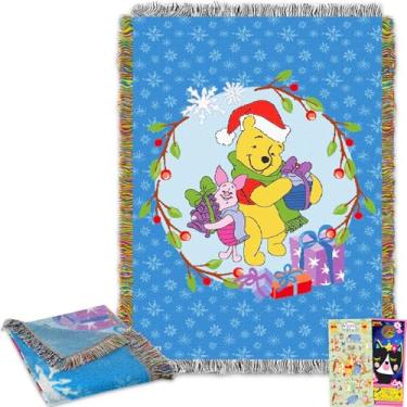 Imagem de Conjunto de cobertor Ursinho Pooh – Pacote com cobertor de Natal macio mais adesivos, mais para crianças, adultos e adolescentes | Cobertor aconchegante do Ursinho Pooh de Natal 122 x 152 cm