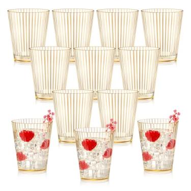 Imagem de 12 peças de copos de plástico com nervuras 283 g dourado inquebrável vintage ondulado sem haste copos de vinho copos de vidro descartáveis retrô copos para Natal, ano novo, aniversário