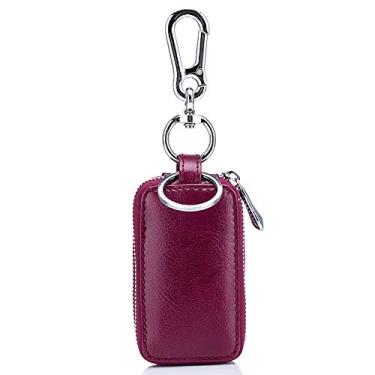 Imagem de Bolsa de couro de vaca para chaves de carro com bolso duplo com zíper mini carteira amarela terra homens mulheres porta-chaves bolso transparente