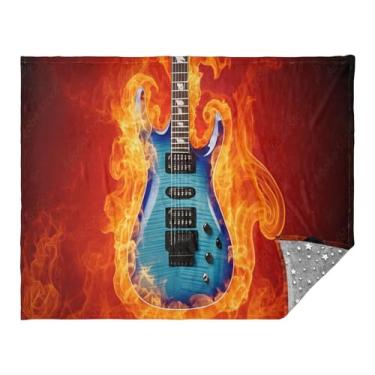 Imagem de CEBUGI Cobertor de flanela quente macio 127 x 178 cm para sofá-cama, escritório, acampamento, viagem, azul, guitarra elétrica, uso em todas as estações