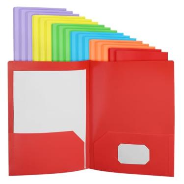 Imagem de PATIKIL 6 pastas de plástico coloridas com bolsos, pacote com 50 pastas de plástico com dois bolsos, tamanho carta resistente para porta-cartões de visita de escritório, 23,5 x 29 cm