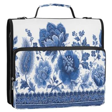 Imagem de CEBUGI Fichário de 3 anéis com zíper com alça de ombro, pasta de arquivo expansível de 3,8 cm, anéis D, para escola, escritório, azul e floral