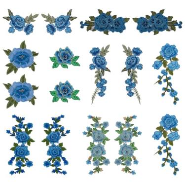 Imagem de MAYJOYDIY 16 peças 8 estilos rosa azul bordado remendos passar a ferro e costurar em apliques de poliéster bordado de pano apliques florais costurados em patches para jaqueta bolsa jeans artesanato