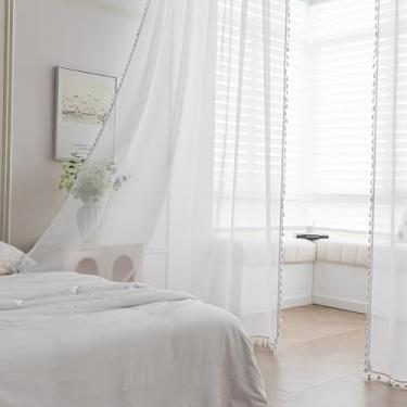 Imagem de Erbnaryx Cortinas brancas transparentes de 183 cm de comprimento, bordas com franjas e cortinas semitransparentes texturizadas, tratamentos de janela grande para sala de estar/quarto, 3 painéis