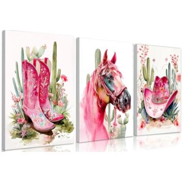 Imagem de Arte de parede em tela de vaqueira ocidental de 3 peças, conjunto de pintura em tela de cavalo rosa com design de cacto e botas, decoração estética para quarto de meninas, moldura de 30 x 40 cm