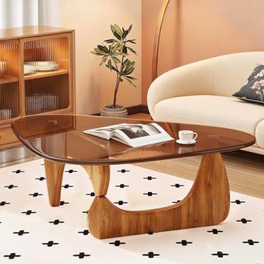 Imagem de Mesa de centro de vidro triangular - mesa de canto moderna de meados do século base de madeira maciça e vidro temperado transparente vintage mesas de centro para sala de estar e varanda (91 x 60 x 40