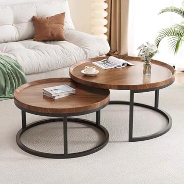 Imagem de Mesa de centro redonda de assentamento moderno conjunto de 2 mesas de extremidade, para varanda de sala de estar, mesa de centro redonda de madeira com pó sólido, mesa lateral de sofá (60 cm + 50 cm)
